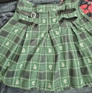 Harry Potter- Slytherin Green Plaid Midi Skirt with Buckle Details